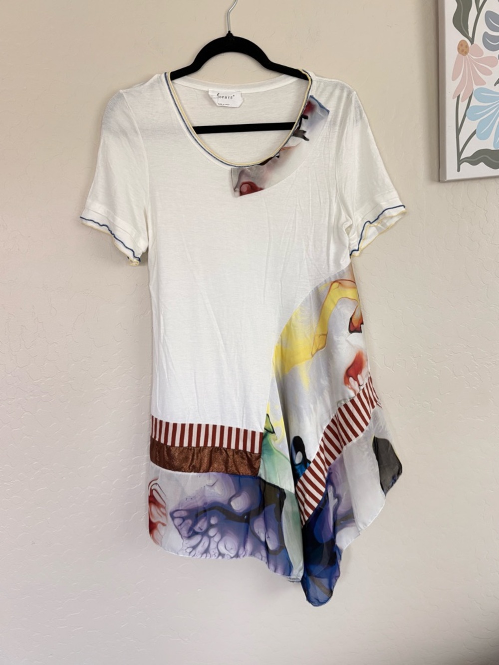 Sophye Made in Italy White Asymmetrical Patchwork Tunic Blouse M Stretch Knit
